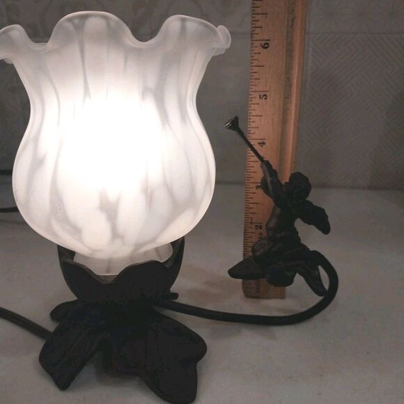 Vintage-Inspired Bronze Cherub Accent Lamp Tulip Frosted Glass Shade Nightlight - Picture 15 of 16
